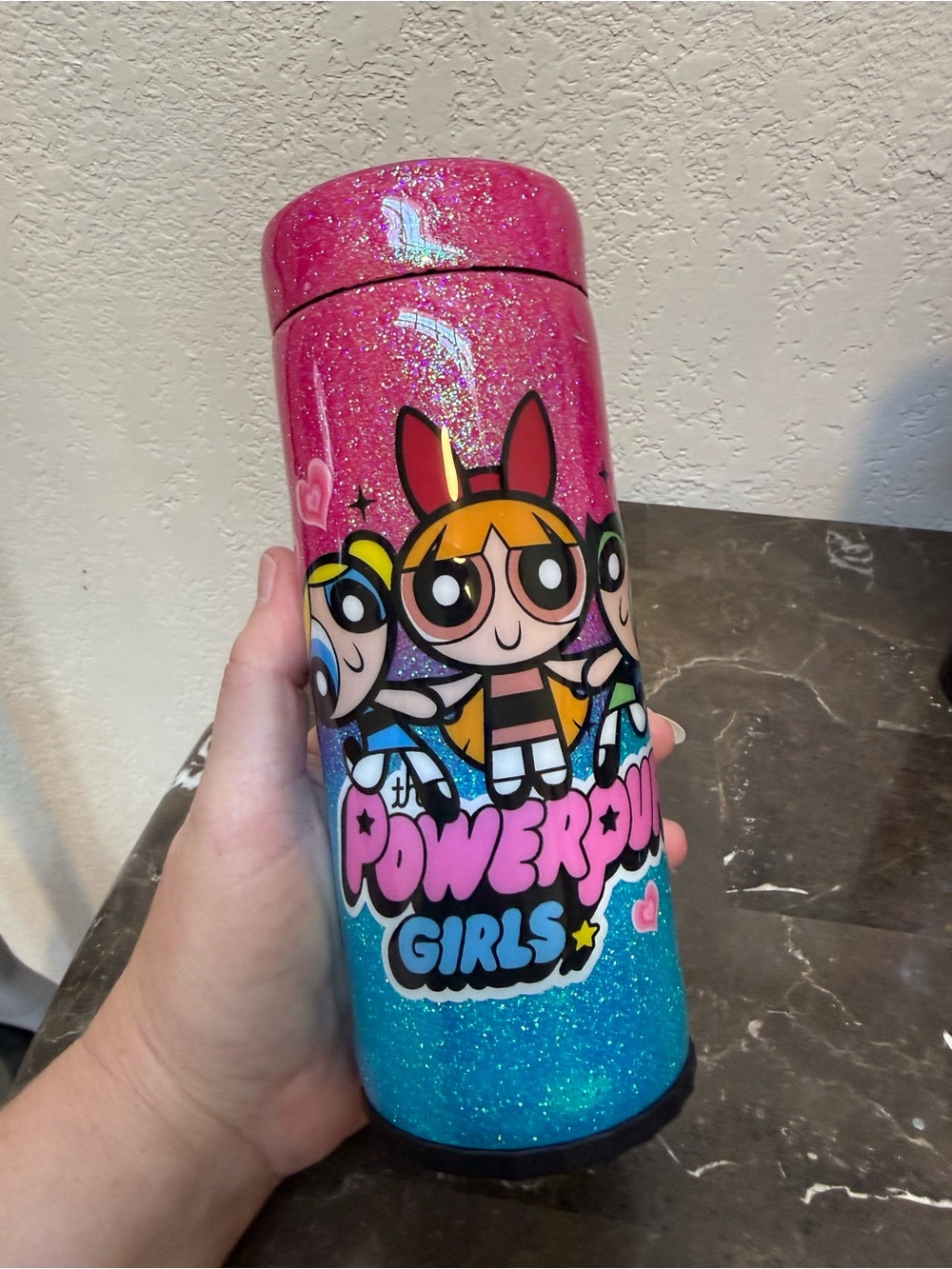 Powerpuff Girls Pink Blue Ombré Glitter 12 oz Skinny Can Cooler Handmade